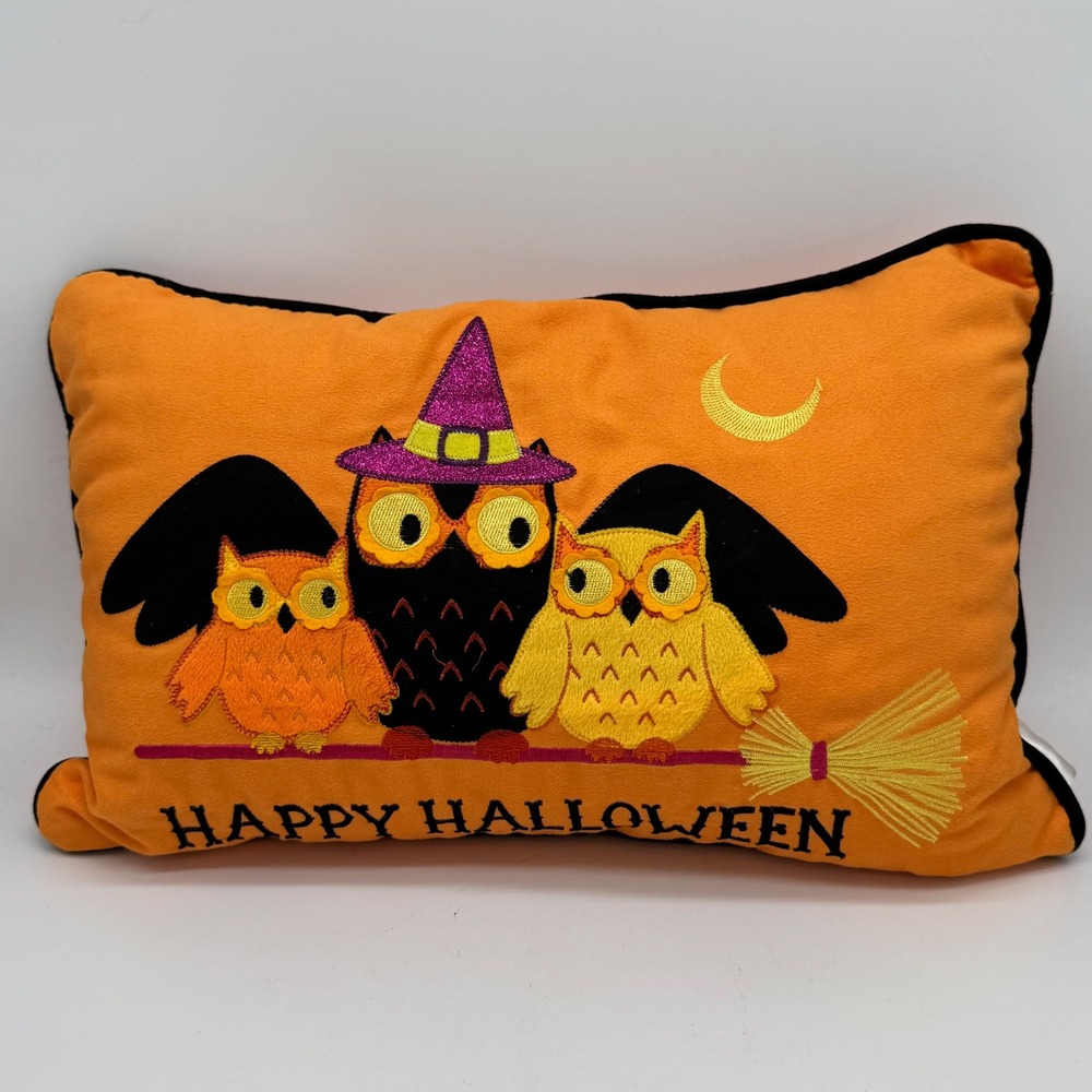 The Midnight Market Embroidered Halloween Owls Lumbar Accent Pillow Orange 11x17
